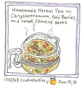 An illustration of a pot of homemade Chinese herbal tea with chrysanthemum, goji berries, and others